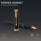 parker sonnet duo gift set with ballpoint pen & fountain pen (18k gold nib) gloss black with gold trim black refill & cartridges