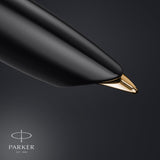 parker 51 fountain pen deluxe black barrel with gold trim medium 18k gold nib with black ink cartridge