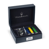 maserati traguardo 45mm chronograph black dial stainless steel bracelet with 3 silicone straps