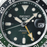 seiko 5 sports skx gmt black & green bezel with a green dial